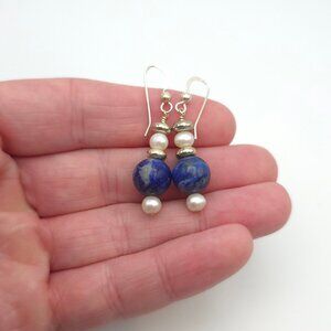 Sterling Silver Lapis Lazuli Stone And Pearl Earrings A468